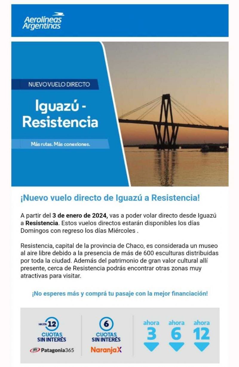 Desde enero se inauguran los vuelos directos de Resistencia a Iguaz